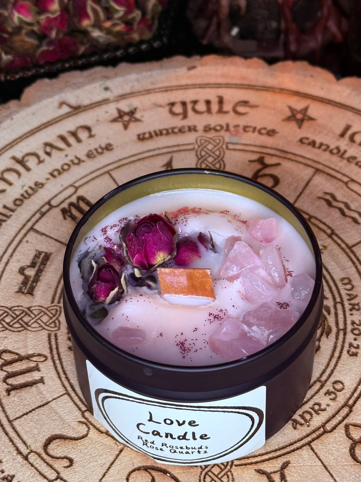 Love Magick Candles with genuine crystals.