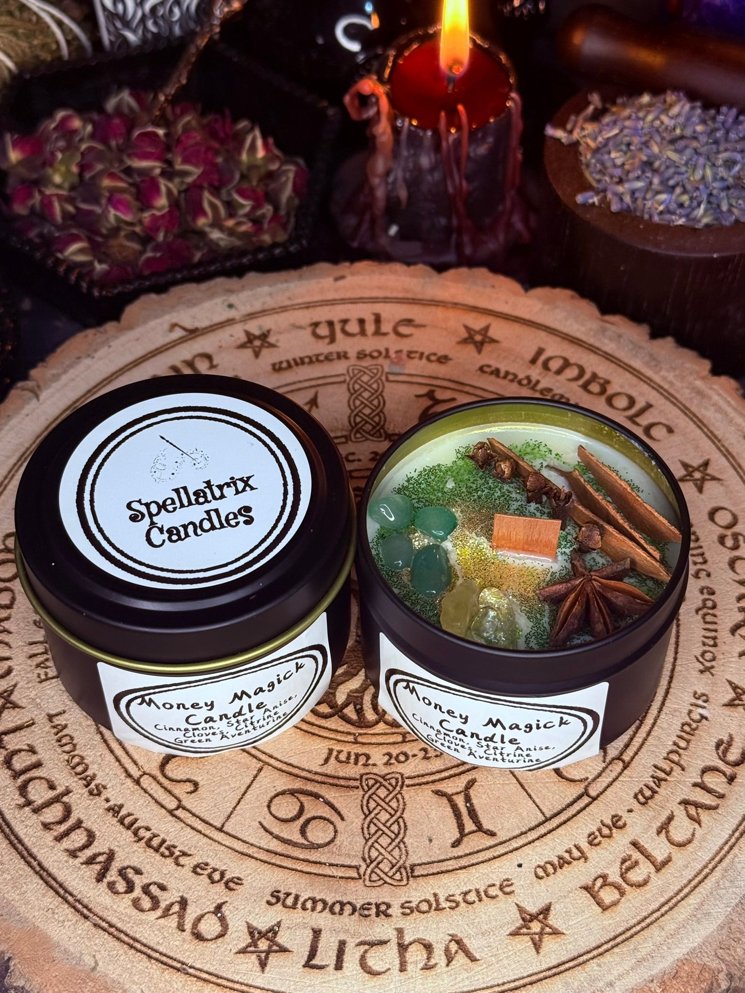 Money Magick Candles with genuine crystals.