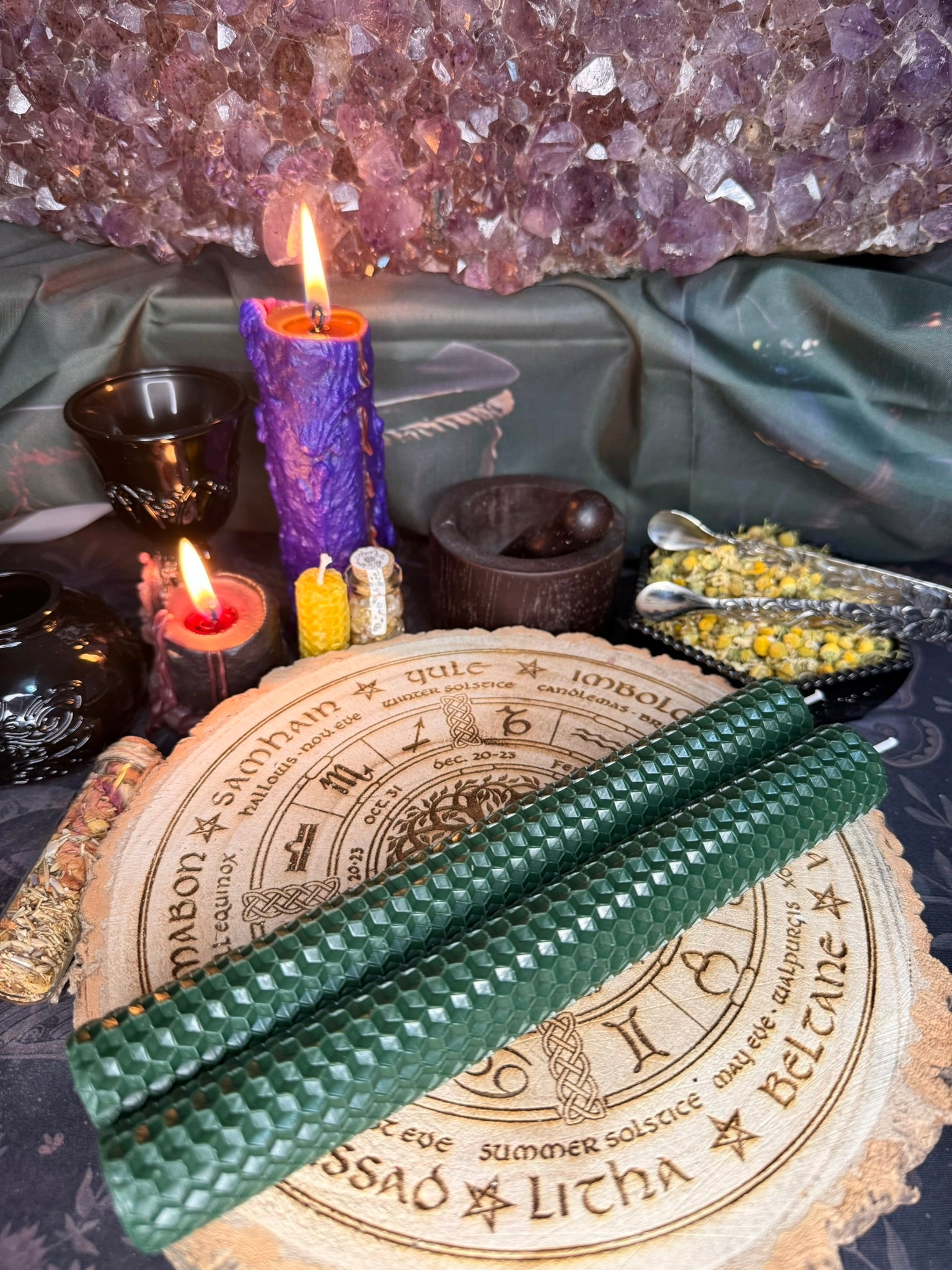 2 x Large Beeswax Candles - Dark Green