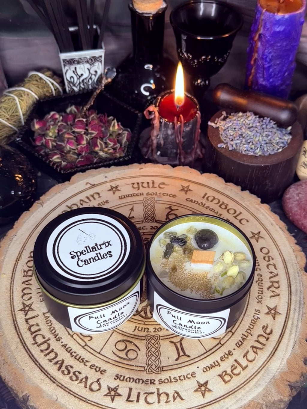 Full Moon Candles with genuine crystals.