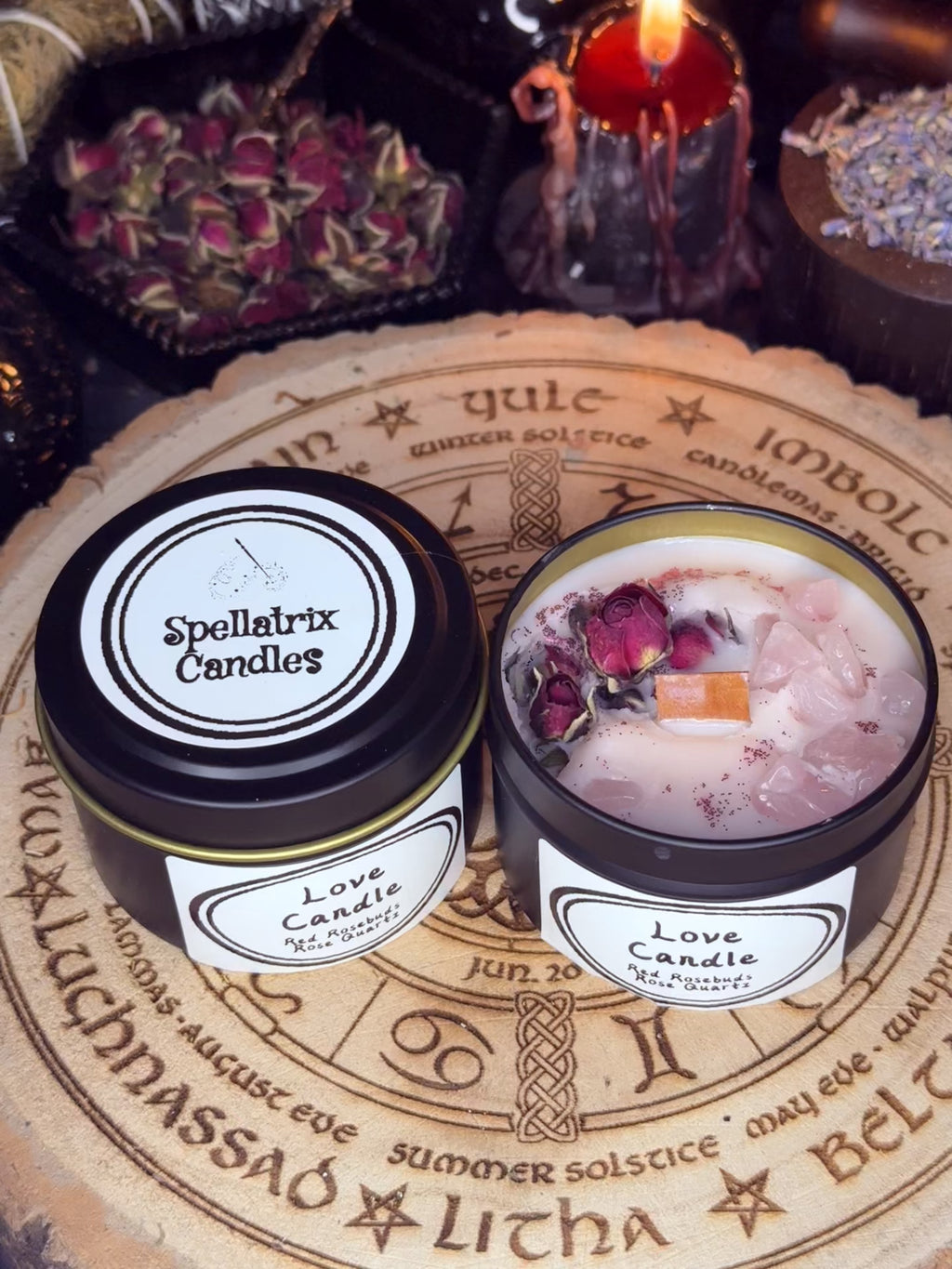 Love Magick Candles with genuine crystals.