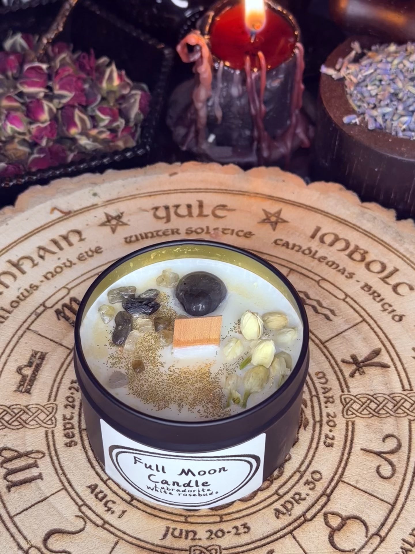 Full Moon Candles with genuine crystals.