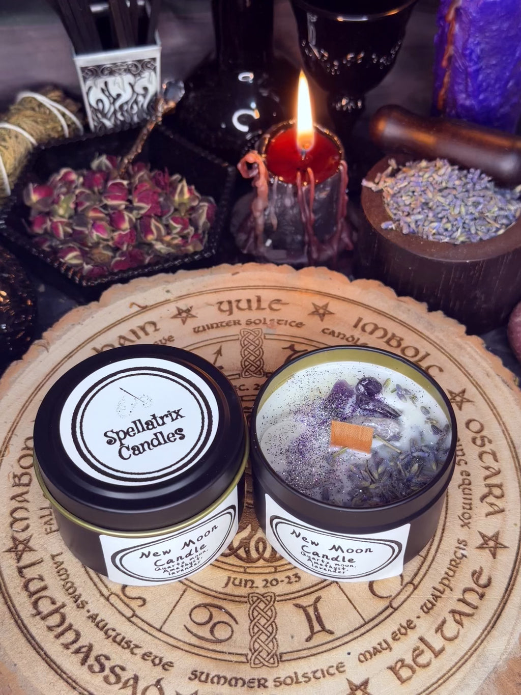 New Moon Candles with genuine crystals.